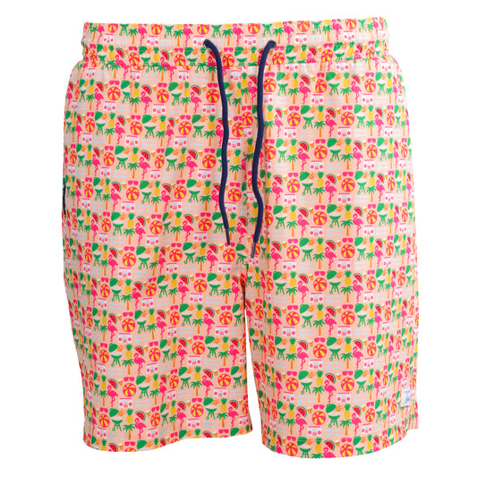 Peach w/Pool Party Print Swim Trunks