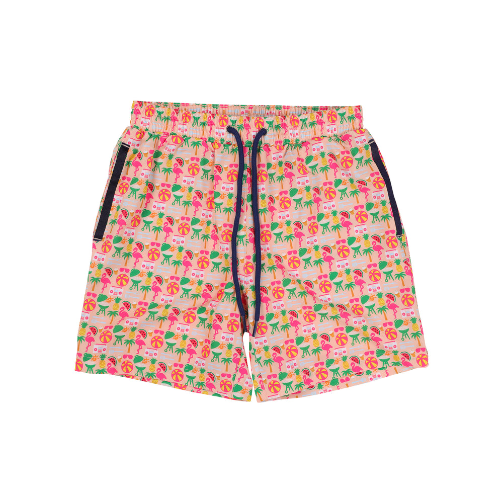 Peach w/Pool Party Print Youth Swim Trunks