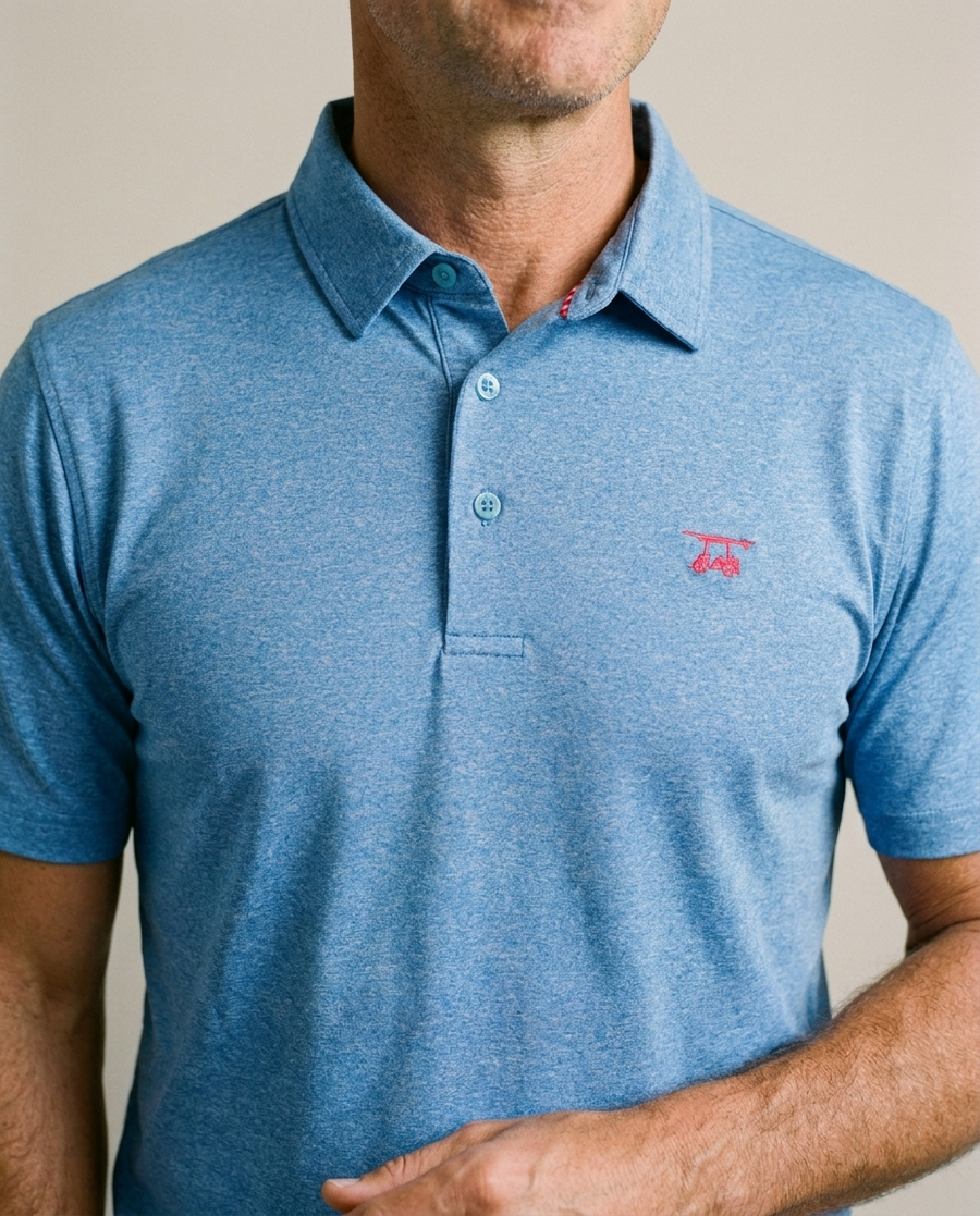 Close crop of the Heather Regatta Albatross polo showing the marl knit texture