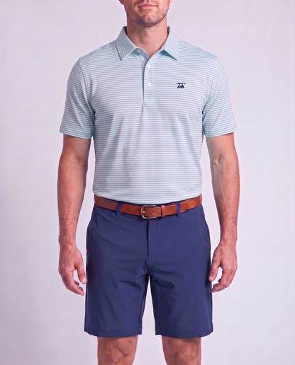 Albatross Polo Aruba/Lavender Feeder Stripe on model