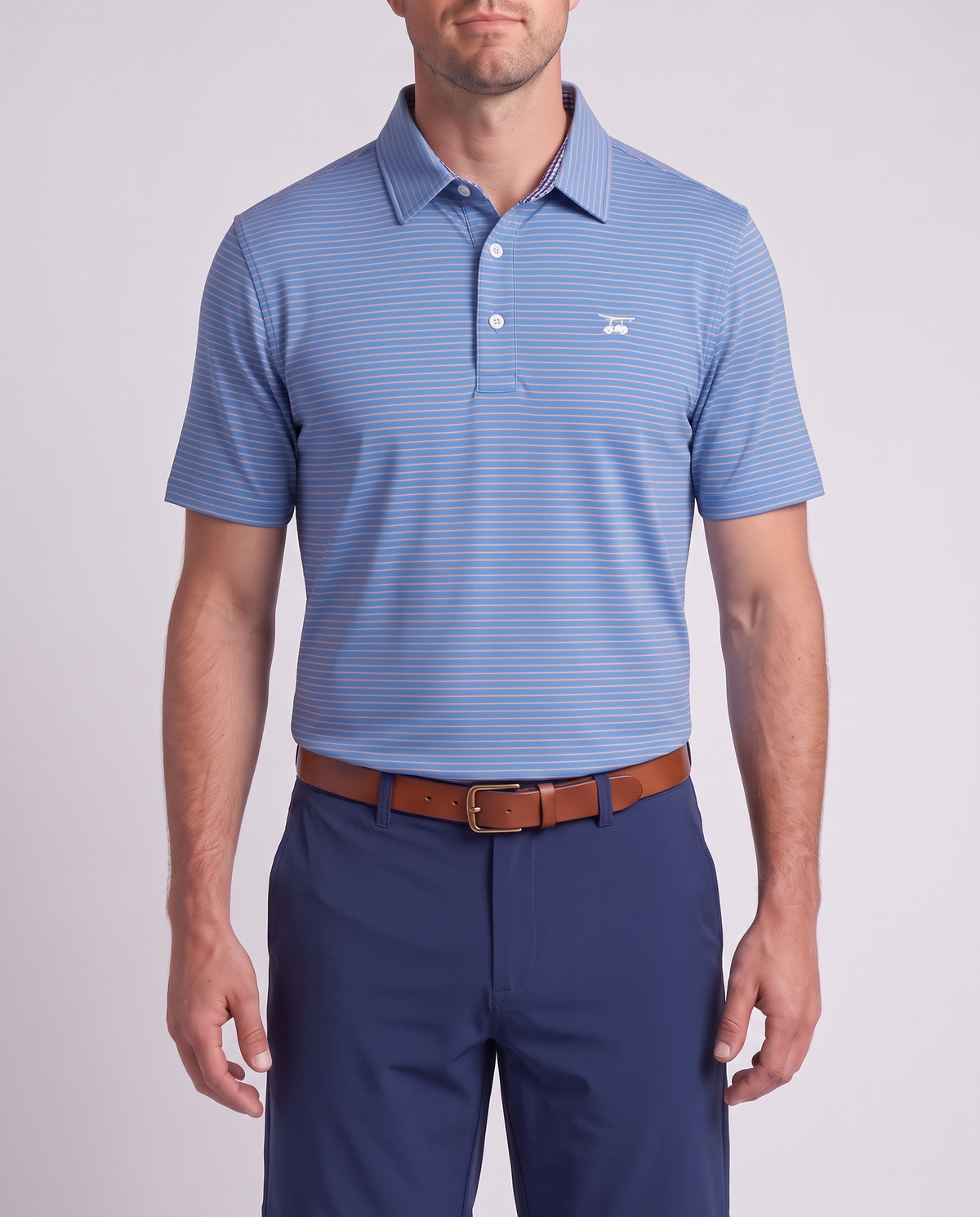 Albatross Polo Coral Azure Pinstripe on model
