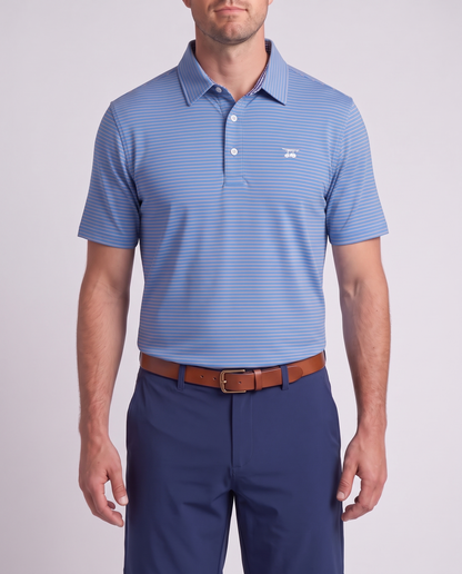 Albatross Polo Coral Azure Pinstripe on model