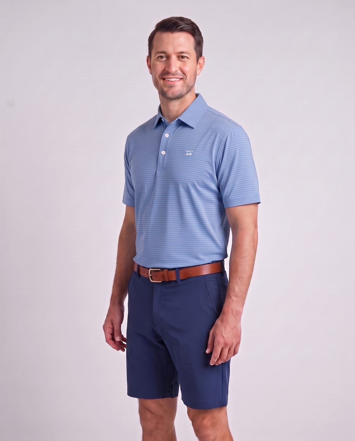 Albatross Polo Coral/Azure Pinstripe on model angled