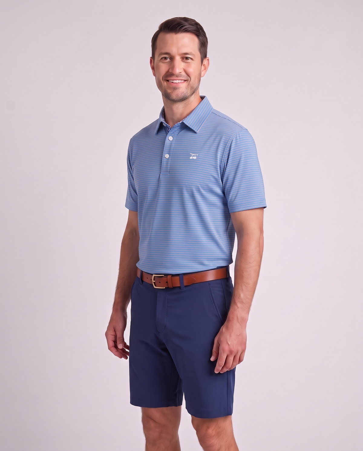 Albatross Polo Coral Azure Pinstripe on model