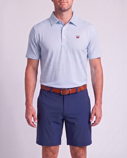 Albatross Polo Bell/White Feeder Stripe on model