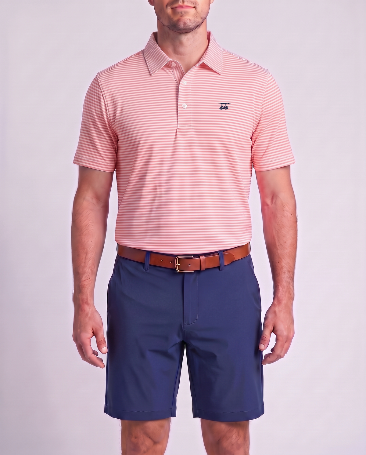 Albatross Polo Coral/White Feeder Stripe on model
