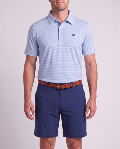 Albatross Polo Blush Bell Pinstripe on model