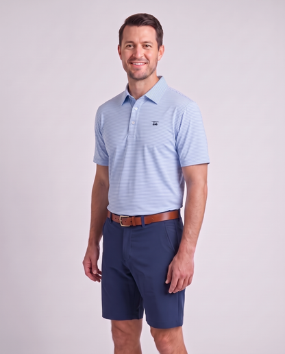 Albatross Polo Blush/Bell Pinstripe on model angled
