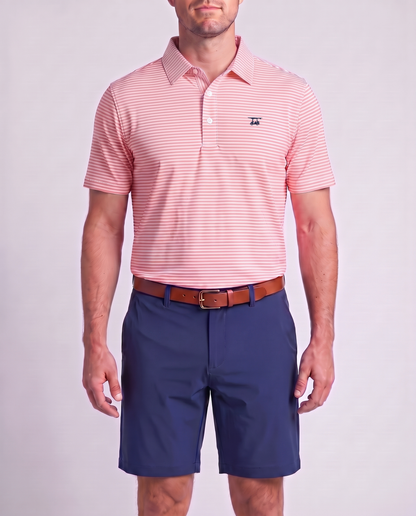 Albatross Polo Blush/White Feeder Stripe on model