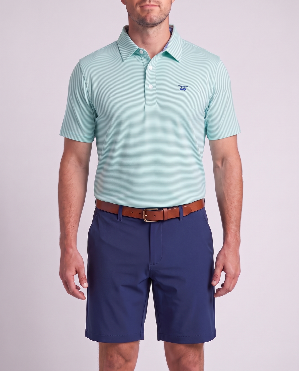 Albatross Polo Heather Aruba White Microstripe on model