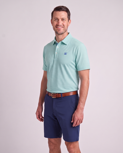 Albatross Polo Heather Aruba White Microstripe on model