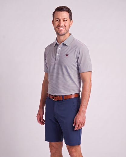 Albatross Polo Heather Black/White Microstripe on model angled