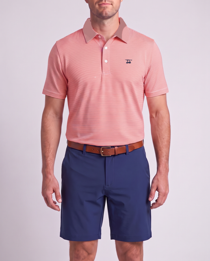 Albatross Polo Heather Coral/White Microstripe on model