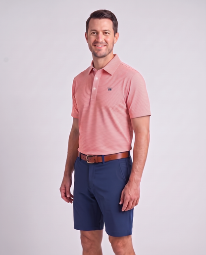 Albatross Polo Heather Coral/White Microstripe on model angled