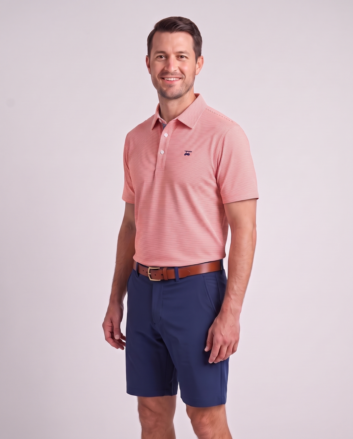 Albatross Polo Heather Coral White Microstripe on model