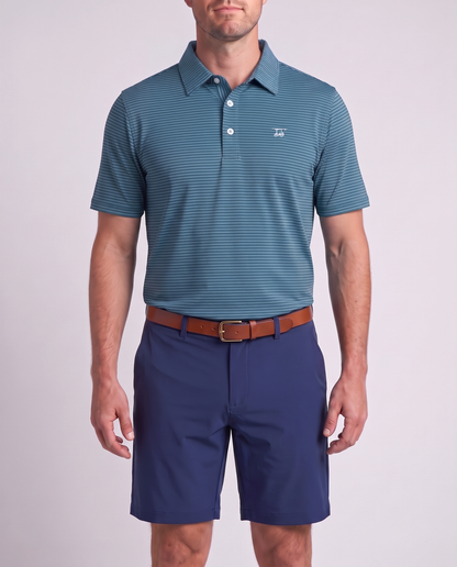 Albatross Polo Azure/Ocean Depths Pinstripe on model