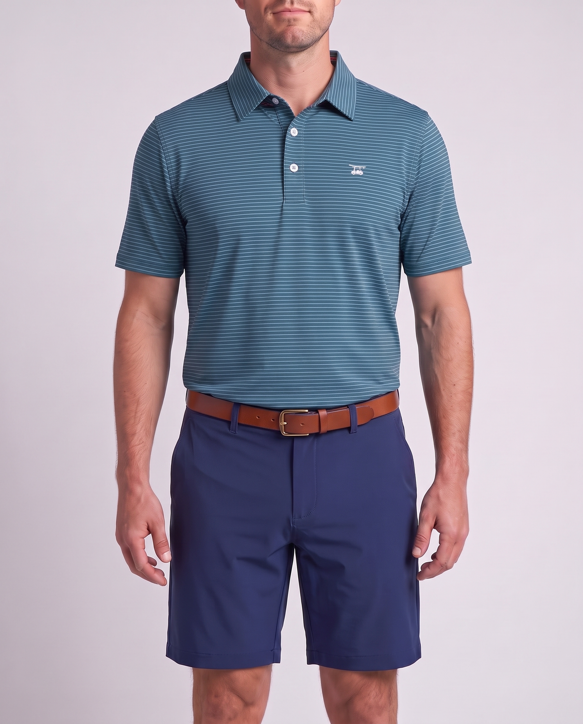 Albatross Polo Azure Ocean Depths Pinstripe on model