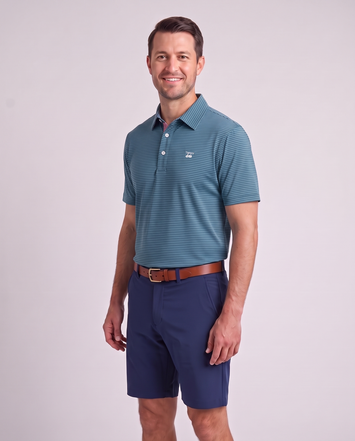 Albatross Polo Azure Ocean Depths Pinstripe on model