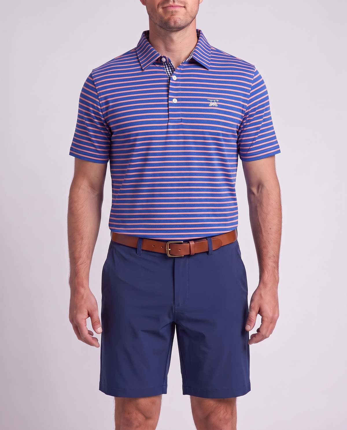 Albatross Polo Heather Royal Blue with Peach Stripe on model