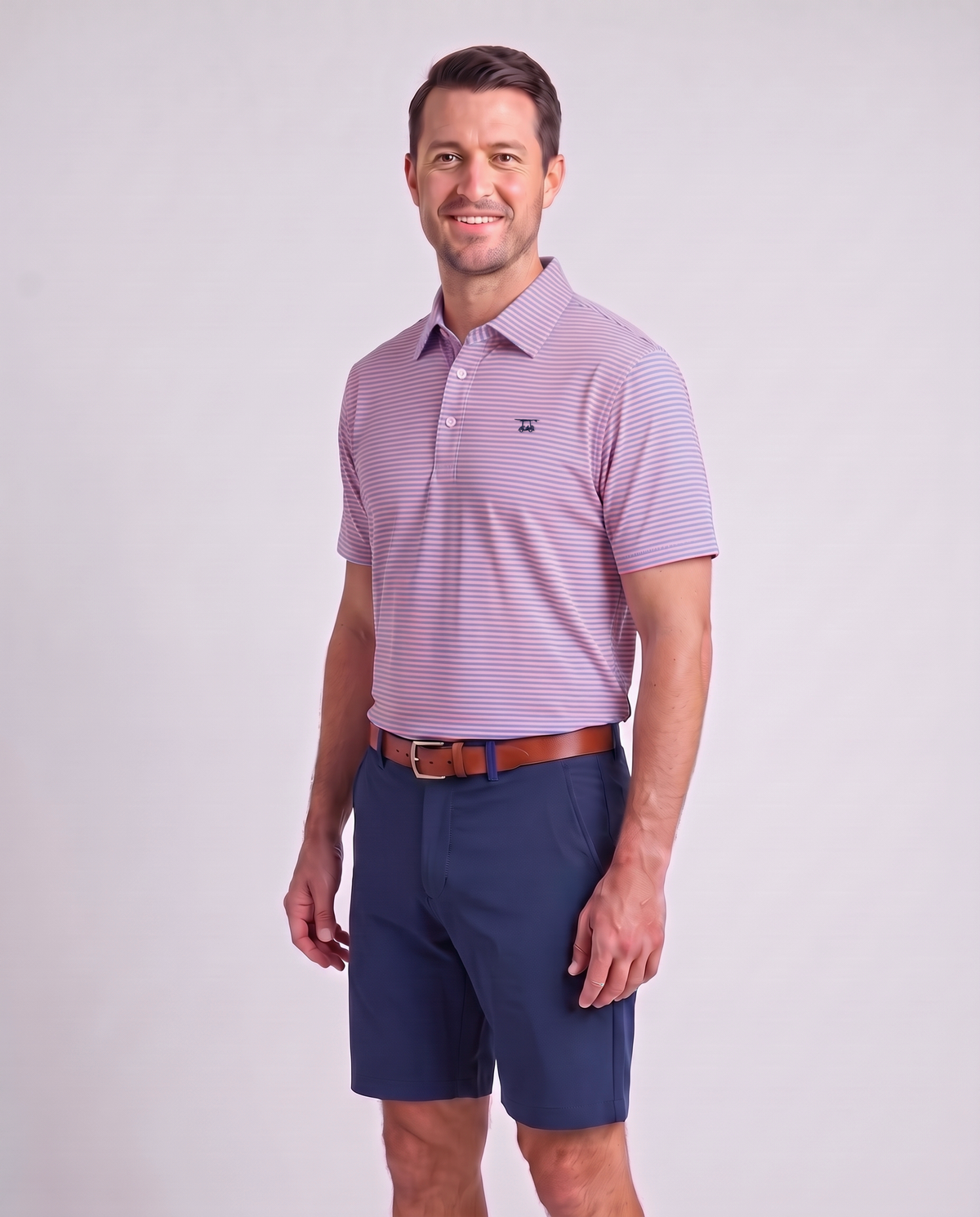 Albatross Polo Coral/Regatta Feeder Stripe on model angled