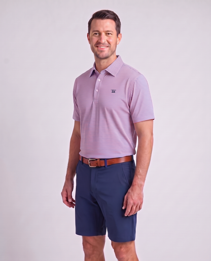 Albatross Polo Coral/Regatta Feeder Stripe on model angled