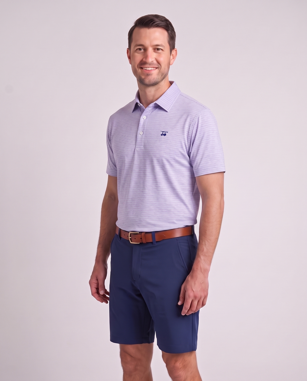Albatross Polo Heather Lavender with Aruba Pinstripes on model