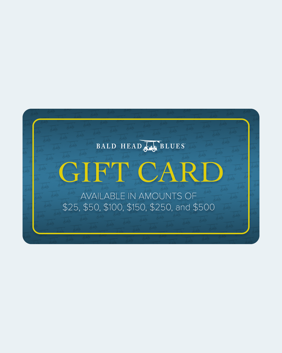 The Bald Head Blues gift card, available in amounts from $25 to $500