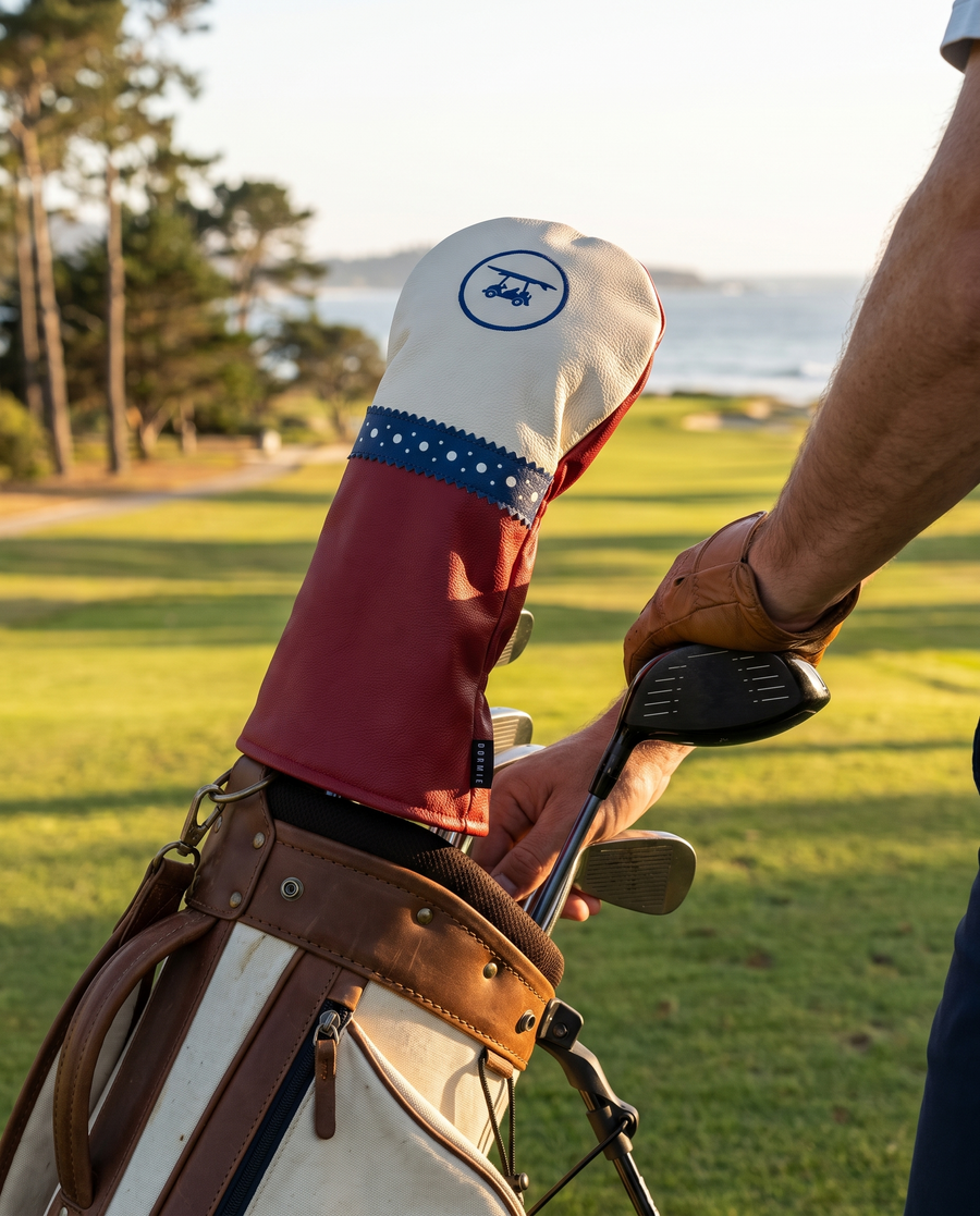 Red, white and blue Bald Head Blues driver head cover on a club in a golf bag at the first tee