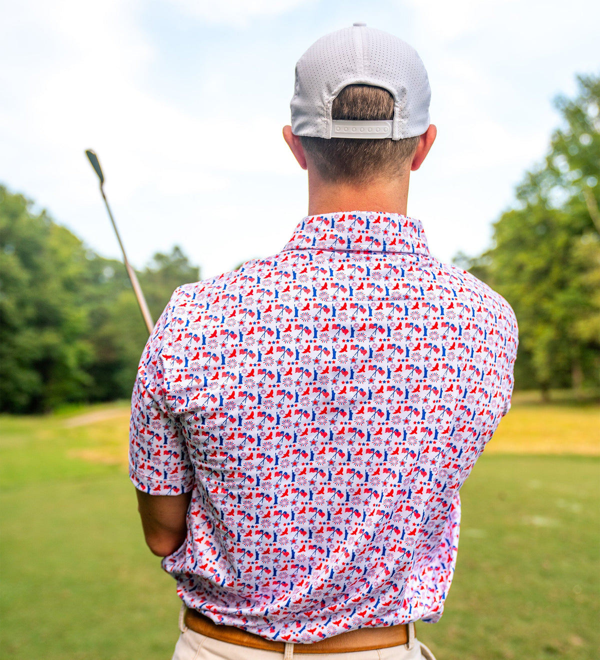 All-over Americana print Albatross polo worn outdoors