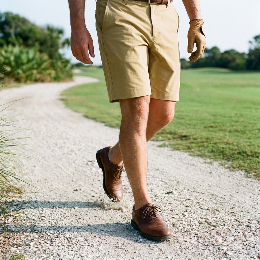 Khaki performance shorts on a crushed shell golf cart path