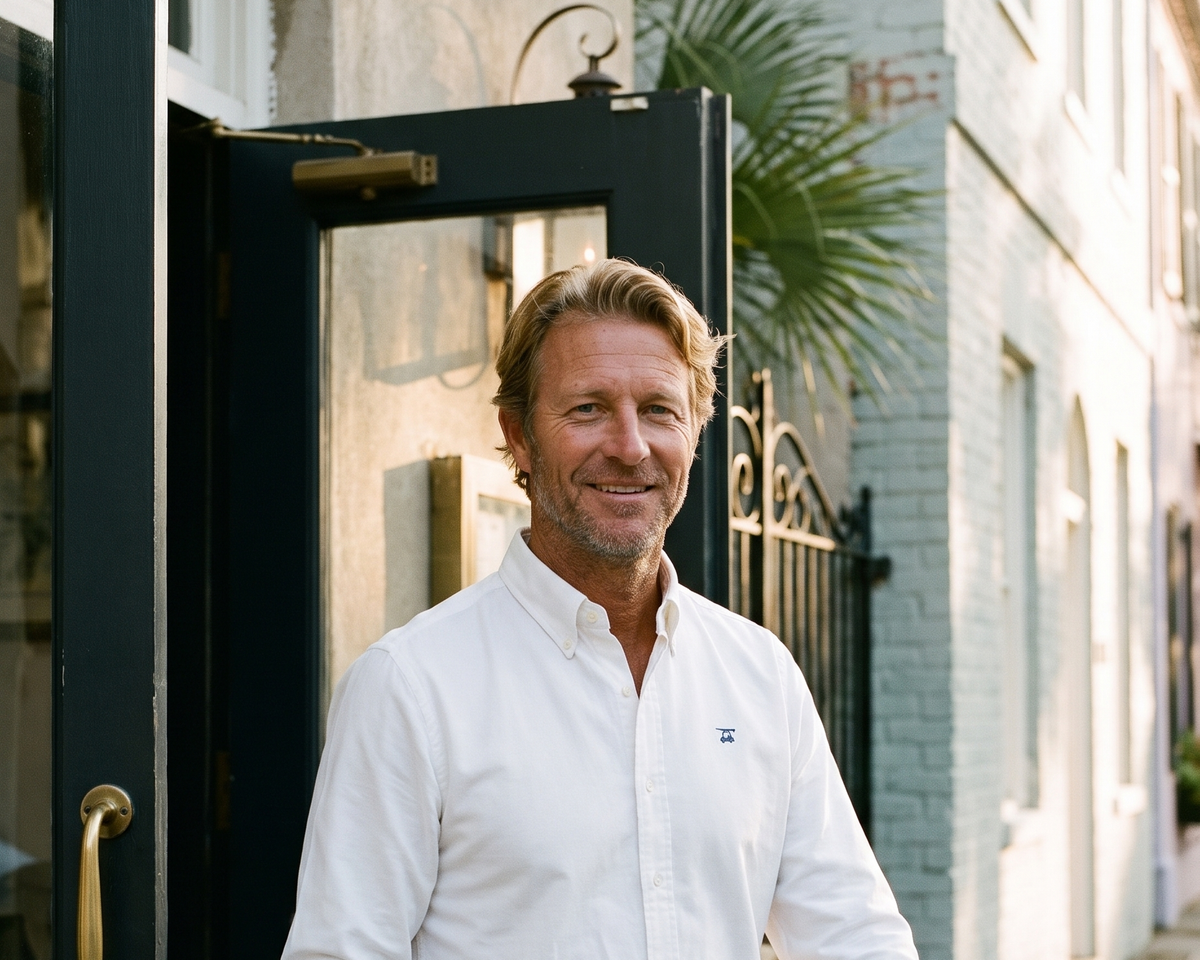 Man in the Bald Head Blues white Islander button down walking out of a Charleston restaurant
