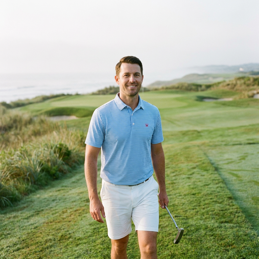 Man in regatta stripe Albatross polo walking a coastal fairway with putter at his side