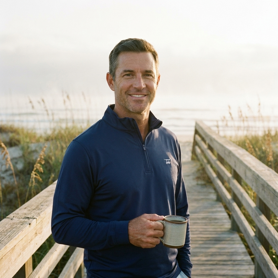 Man in navy Ocean View quarter zip with coffee on a Carolina dune walkover at sunrise