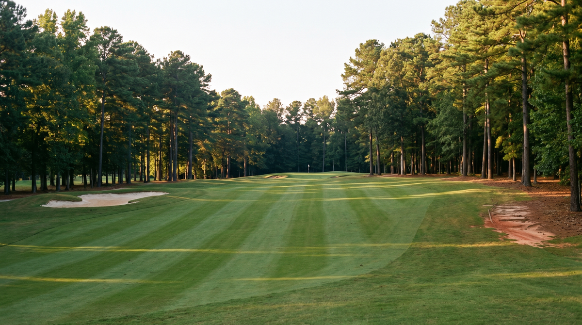 A quiet pine-lined fairway on a North Carolina piedmont golf course in late afternoon light