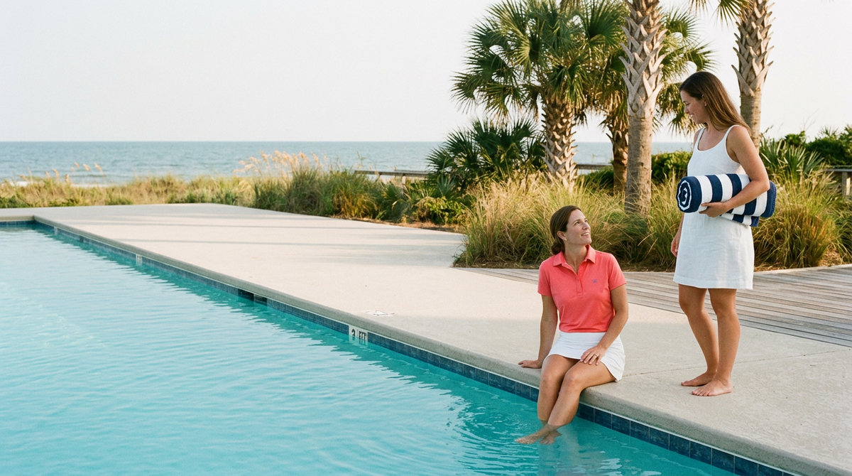 Two women at an oceanfront club pool, one in a coral Ladies Albatross polo seated at the water's edge