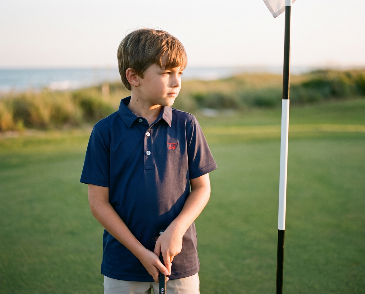 Boy in the Bald Head Blues Albatross youth polo in Medieval on a seaside green