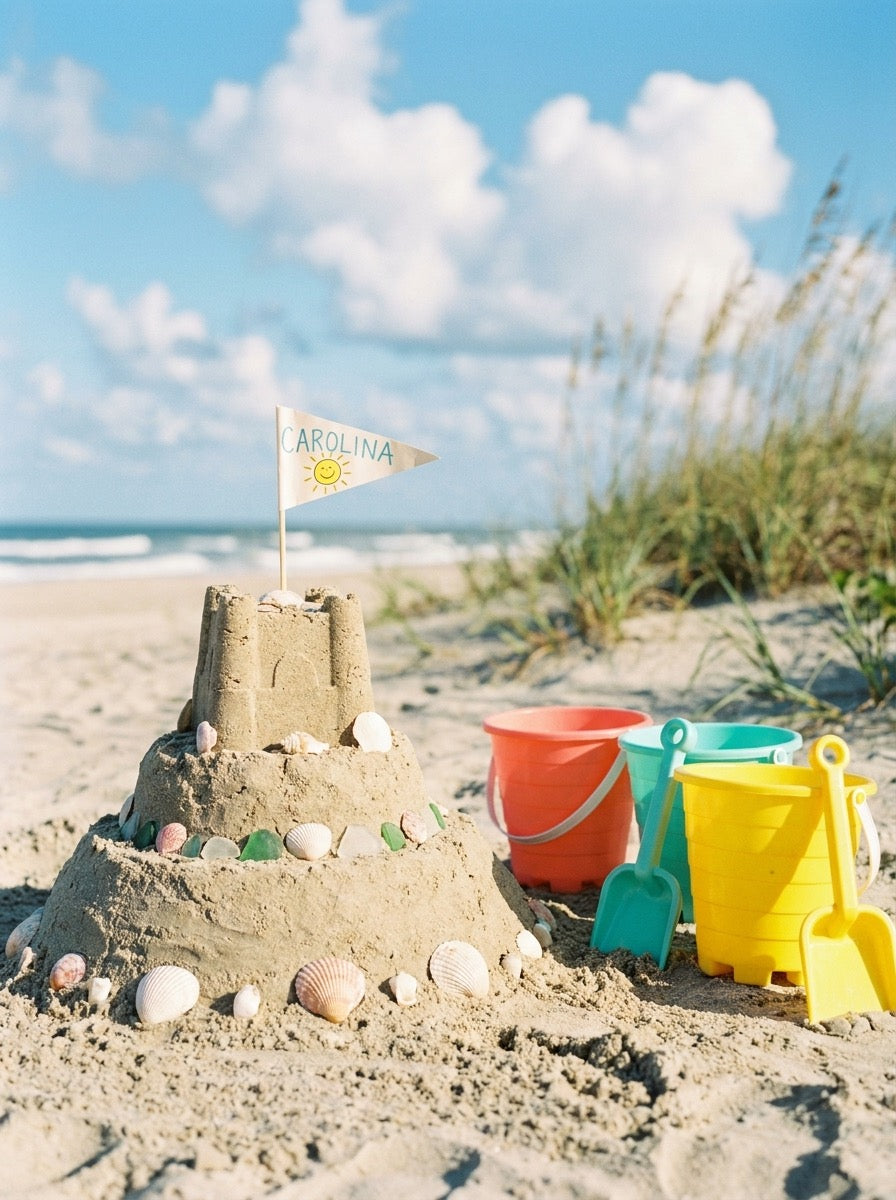 Sandcastle with a Carolina pennant flag and colorful beach buckets